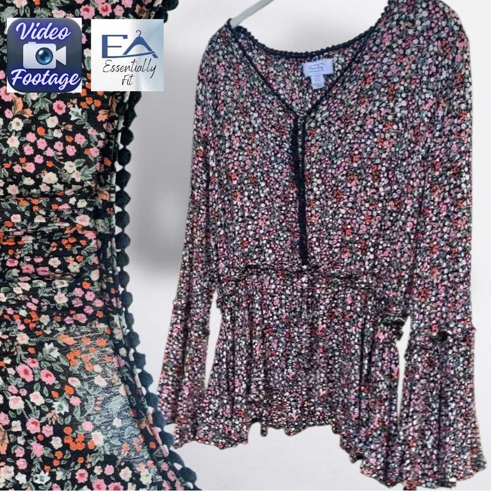 Myra Bag Black Floral Peplum Blouse | Bell Sleeve | Boho Cottagecore Chic